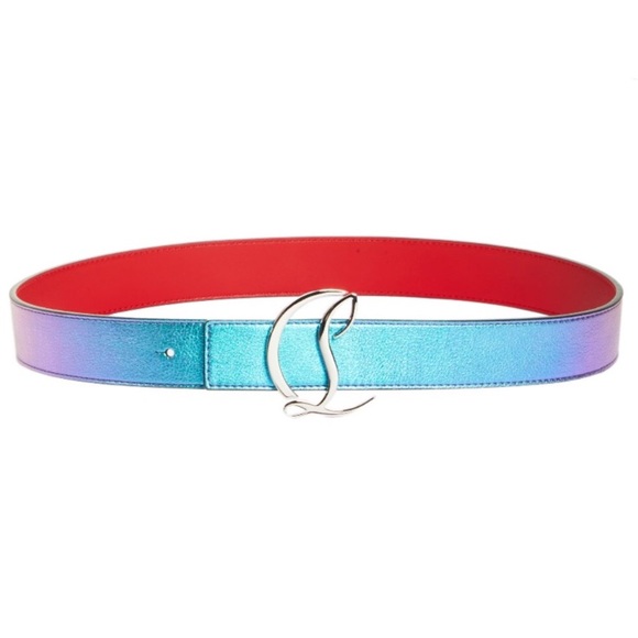 New Christian Louboutin Logo Buckle Iridescent Leather Belt Rainbow Silver 75 - Picture 2 of 16